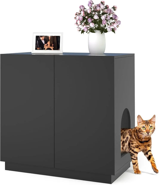 Litter Box Enclosure Large Cat Litter Box Furniture Modern Design with Storage Side Cabinet in Black