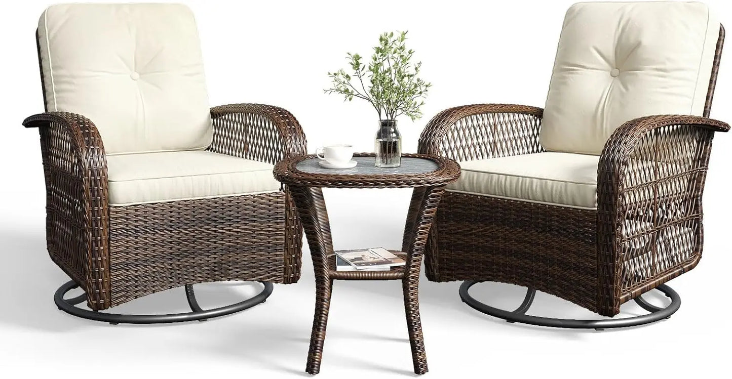 3 Pieces Patio Furniture Set With Swivel Rocker Chairs Set Of 2 Wicker Outdoor Bistro Set With Rocking Chair And Thickened Cushions