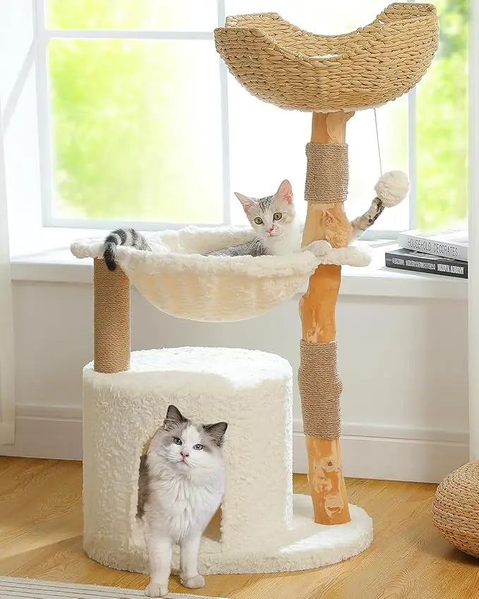 Modern Cat Tree for Large Cats Wood Cat Tower for Indoor Cats Real Branch Luxury Cat Furniture with Super Large Cozy Condo