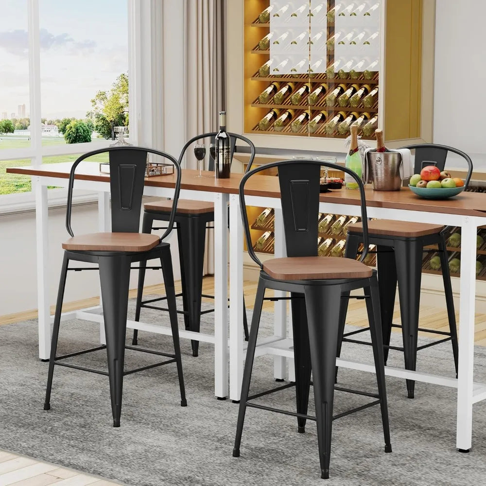 30 Inch Swivel Metal Bar Stools Set Of 4 High Back Wood