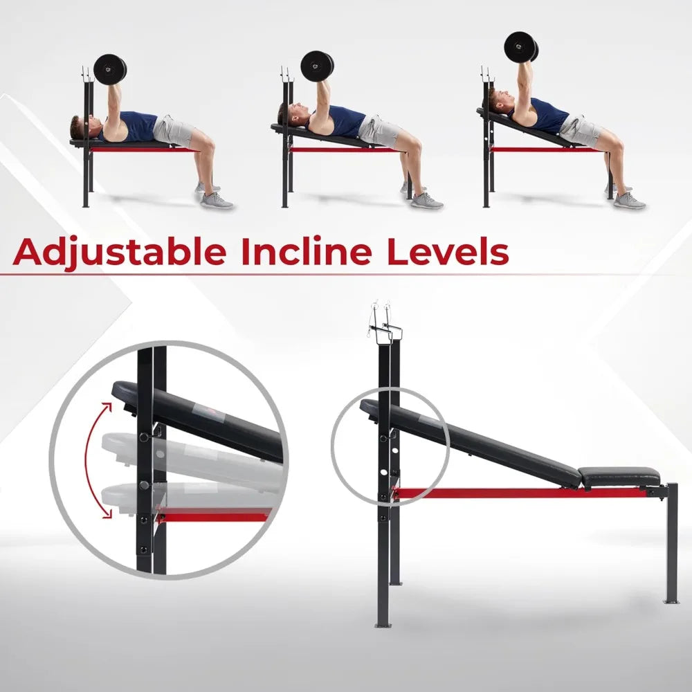 Sunny Health and Fitness Compact Premium Incline Bench Press Bar Rack Set with Optional Leg Extension Developer and Preacher Curl
