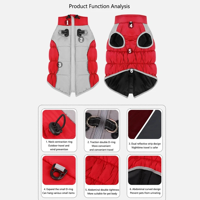 XL to 6XL Zipper Dog Winter Warm Coat Jacket Reflective Fleece Cold Weather Vest with Leash D Rings for Medium Large Dogs