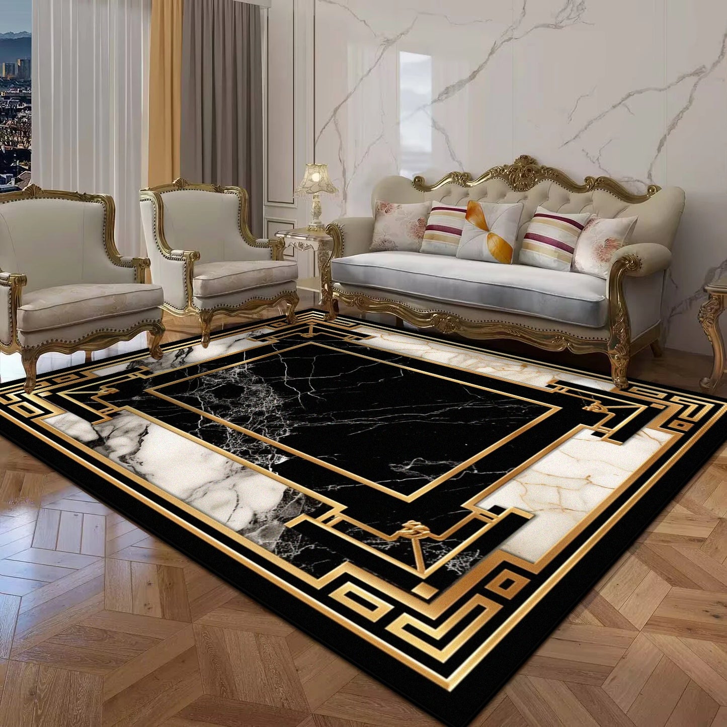 Black Gold Marble Luxury Carpet Large Area Rug for Living Room Sofa Table Anti Slip Doormat Balcony Floor Mat
