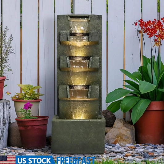 39.3 Inch High Concrete Water Fountain Five Tiers Indoor Outdoor LED Lights Soothing Sound Easy Maintenance Garden Decor