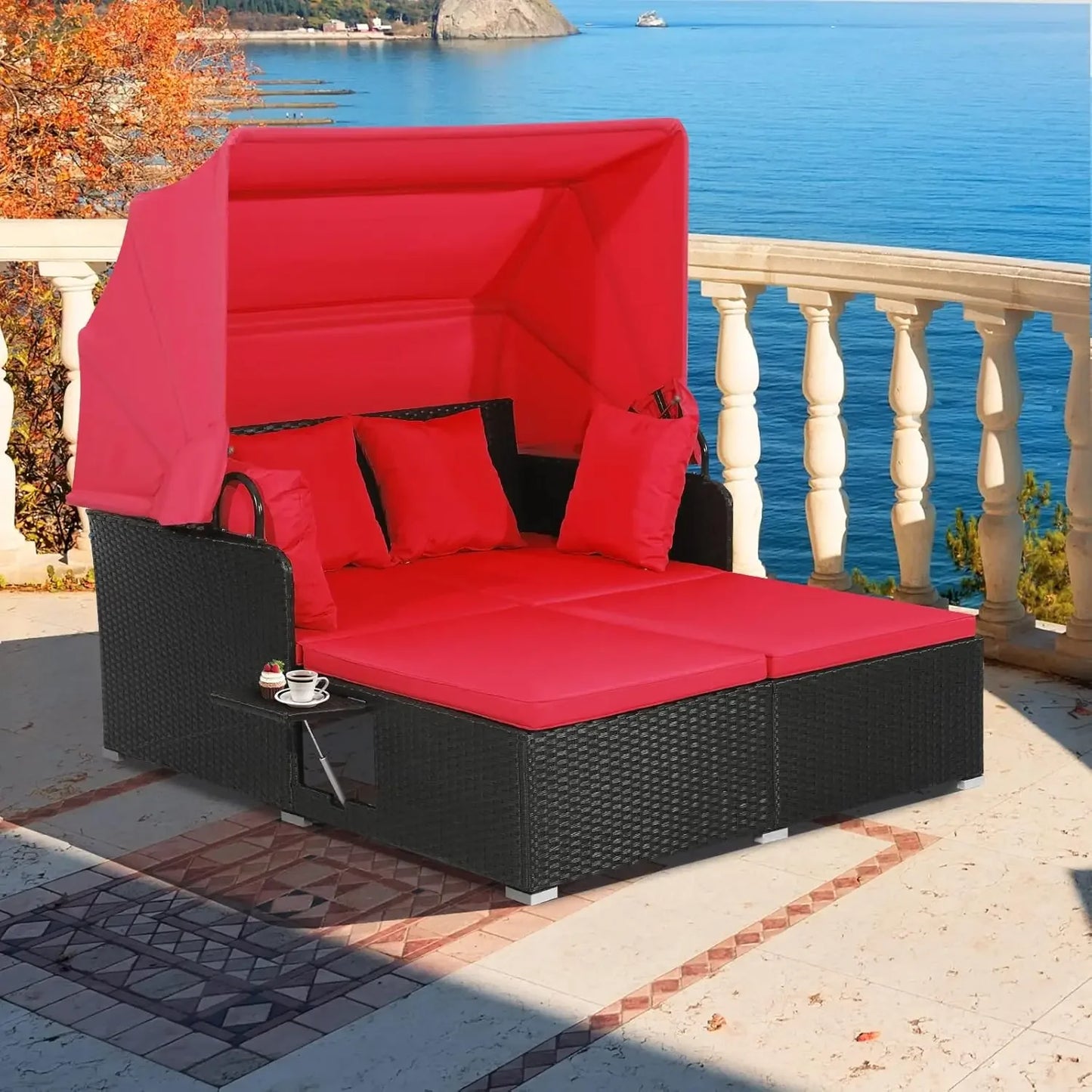 Outdoor Hand-Woven PE Wicker Daybed Patio Loveseat Sofa Set with Retractable Canopy & 2 Side Tables, Outdoor Sun Lounger