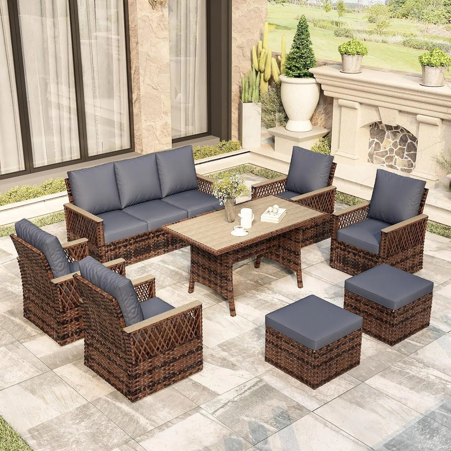 Patio Furniture Set Outdoor Swivel Glide Chairs with Ottomans Three Seat Sofa and Dining Table All Weather Conversation Set