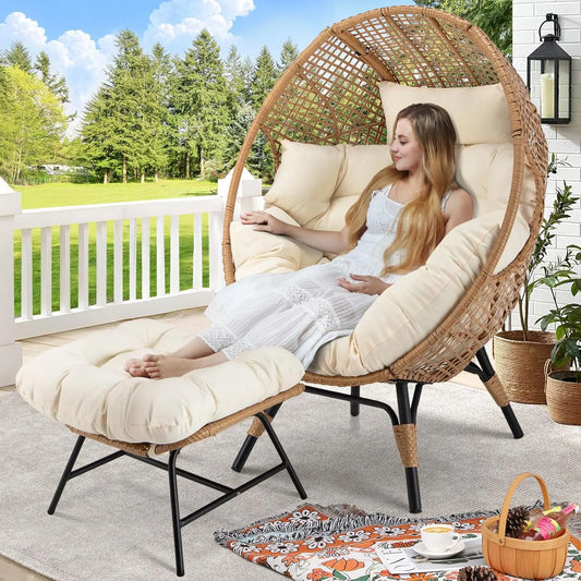 Egg Chair With Footrest Wicker Patio Lounger Ottoman