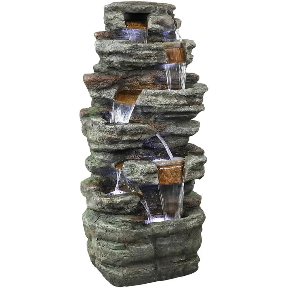 7 Tier Outdoor Garden Water Fountain with LED Light Resin Waterfall Decor for Patio Yard Porch and Backyard Relaxing Sound