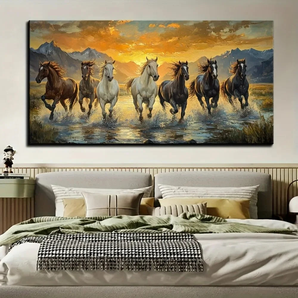 Elegant Feng Shui Seven Horse Canvas Wall Art with Pine Frame Waterproof 1.5 Inch Thick Horse Decoration for Sunset Scenes