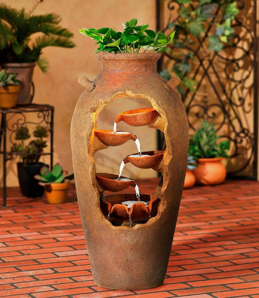 Cascade Rustic Outdoor Floor Urn Waterfalls Fountain 33" High with LED Light and Planter Decor for Garden Patio Yard Deck Home