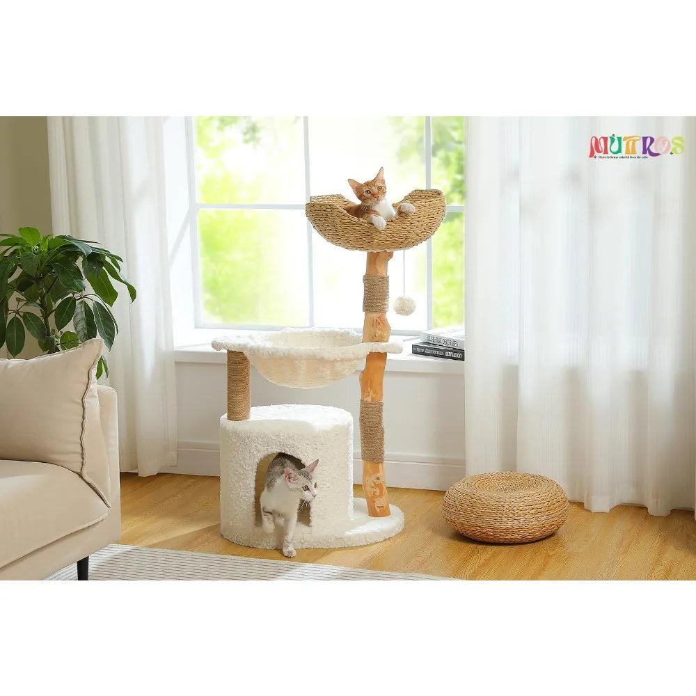 Modern Cat Tree for Large Cats Wood Cat Tower for Indoor Cats Real Branch Luxury Cat Furniture with Super Large Cozy Condo