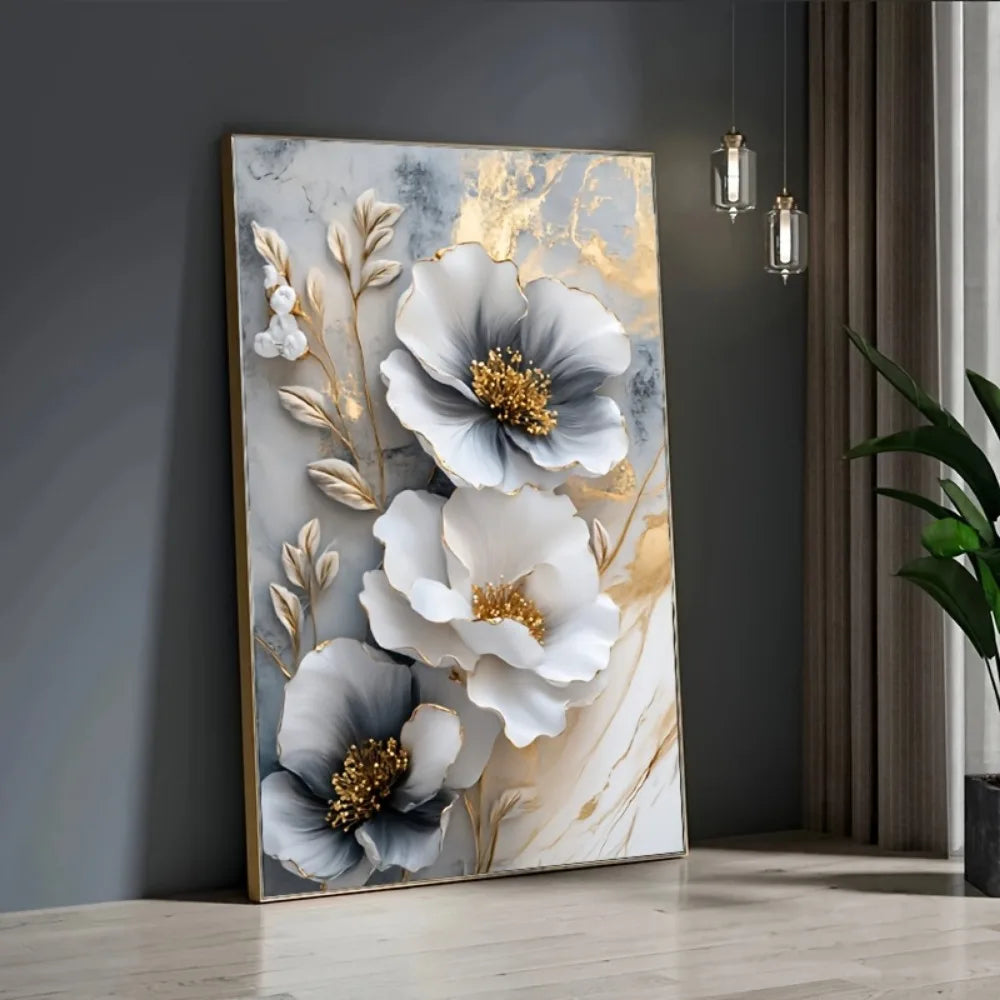 Modern Luxury Floral Canvas Mural Framed 3D Floral Painting for Bedroom and Living Room Decoration