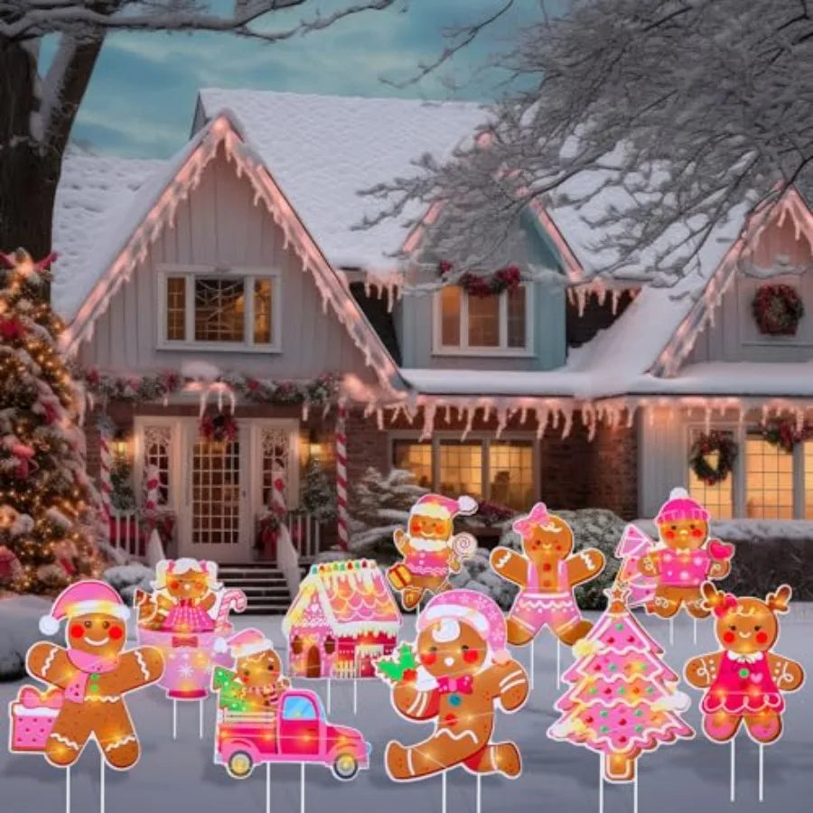 10 Pink Gingerbread Man Yard Signs With Stakes Light Up Outdoor Christmas Decor