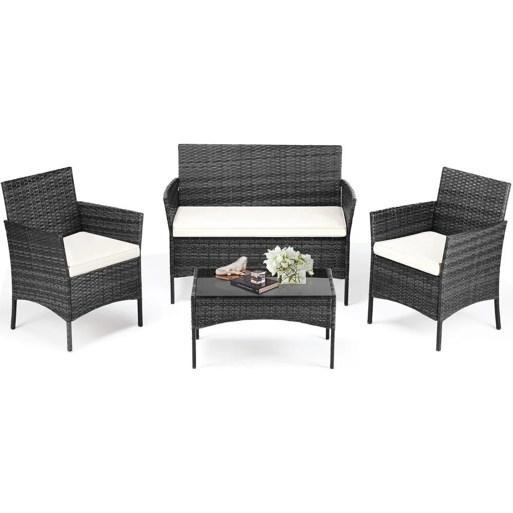 Patio Furniture Set 4 Pieces Outdoor Wicker Furniture with Coffee Table Modern Rattan Patio Chairs Conversation Set with Sofa