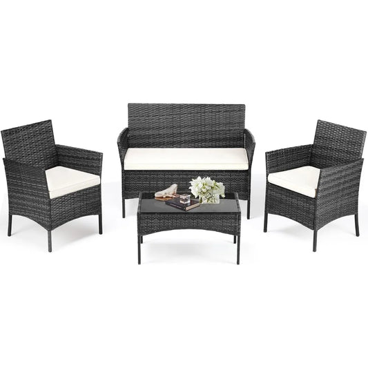 Patio Furniture Set 4 Pieces Outdoor Wicker Furniture with Coffee Table Modern Rattan Patio Chairs Conversation Set with Sofa