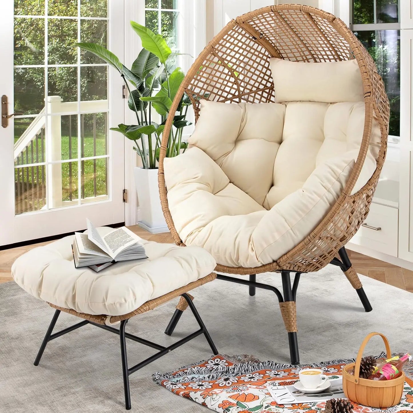 Egg Chair With Footrest Wicker Patio Lounger Ottoman