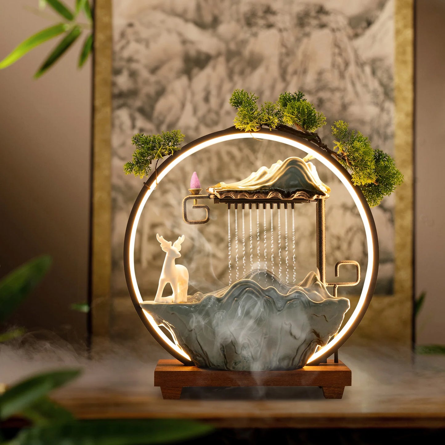 Indoor LED Waterfall Fountain With Mist Maker And Warm Light Home Yoga Tabletop Zen Water Feature Deer Motif Good Luck Symbol