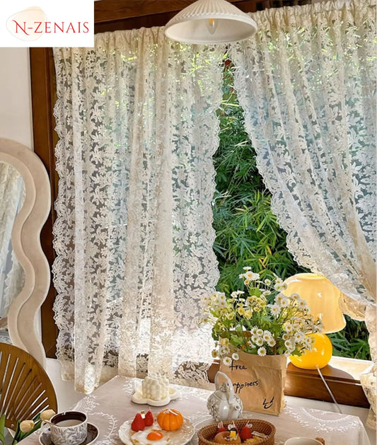 2 Pcs White Tulle Lace Embroidered Sheer Curtains for Living Room Bedroom Dining Retro Luxury Decor Door Kitchen Short Curtain