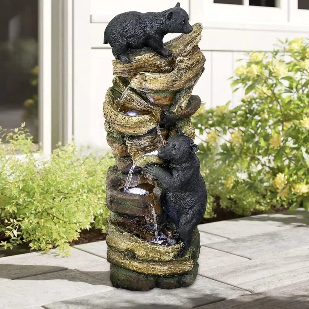 5 Tier Outdoor Garden Water Fountain Bears Climbing Tree Resin Fountain with LED Lights Lawn Patio Decoration