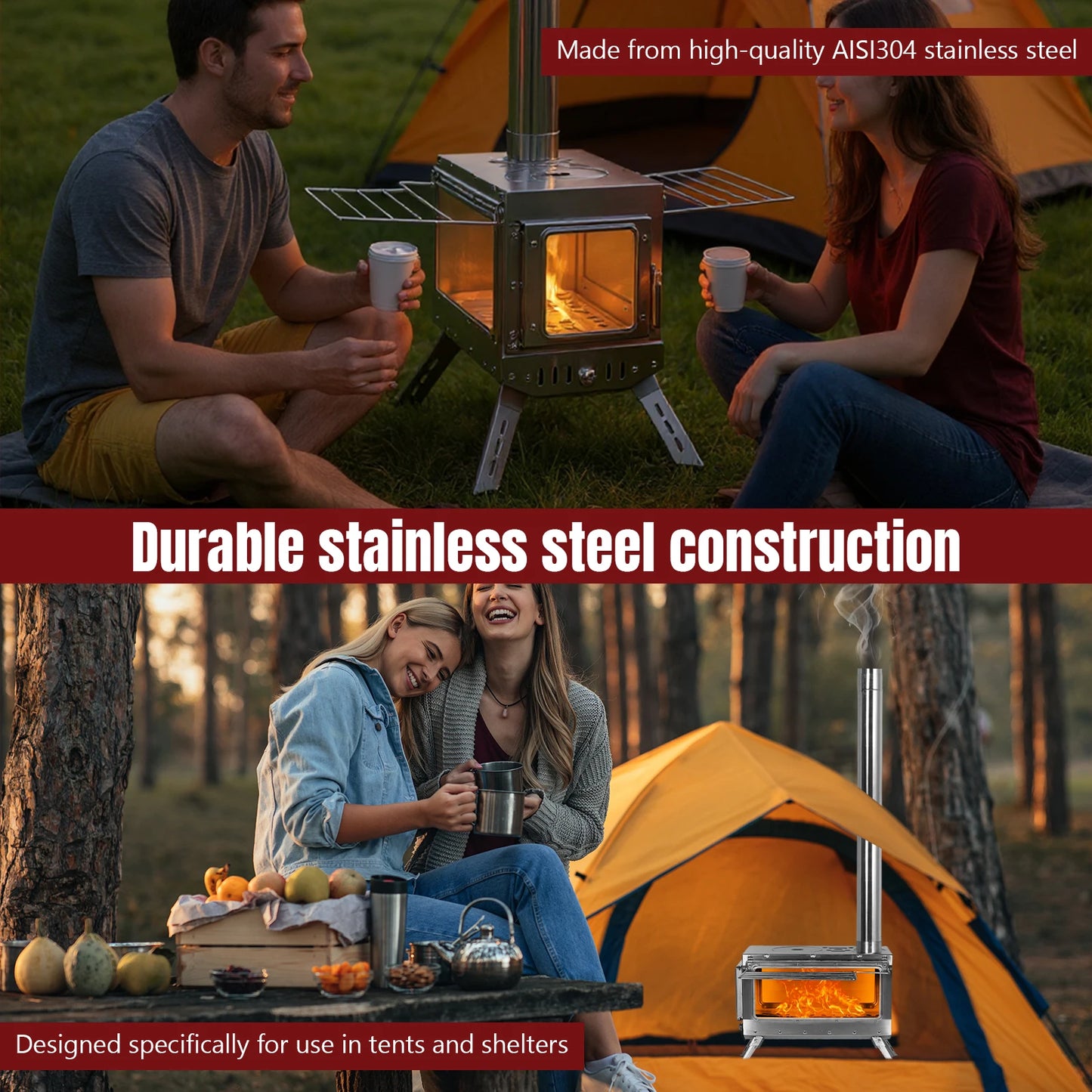 Outdoor Large Stainless Steel Tent Stove With Chimney Pipe For Camping Heating