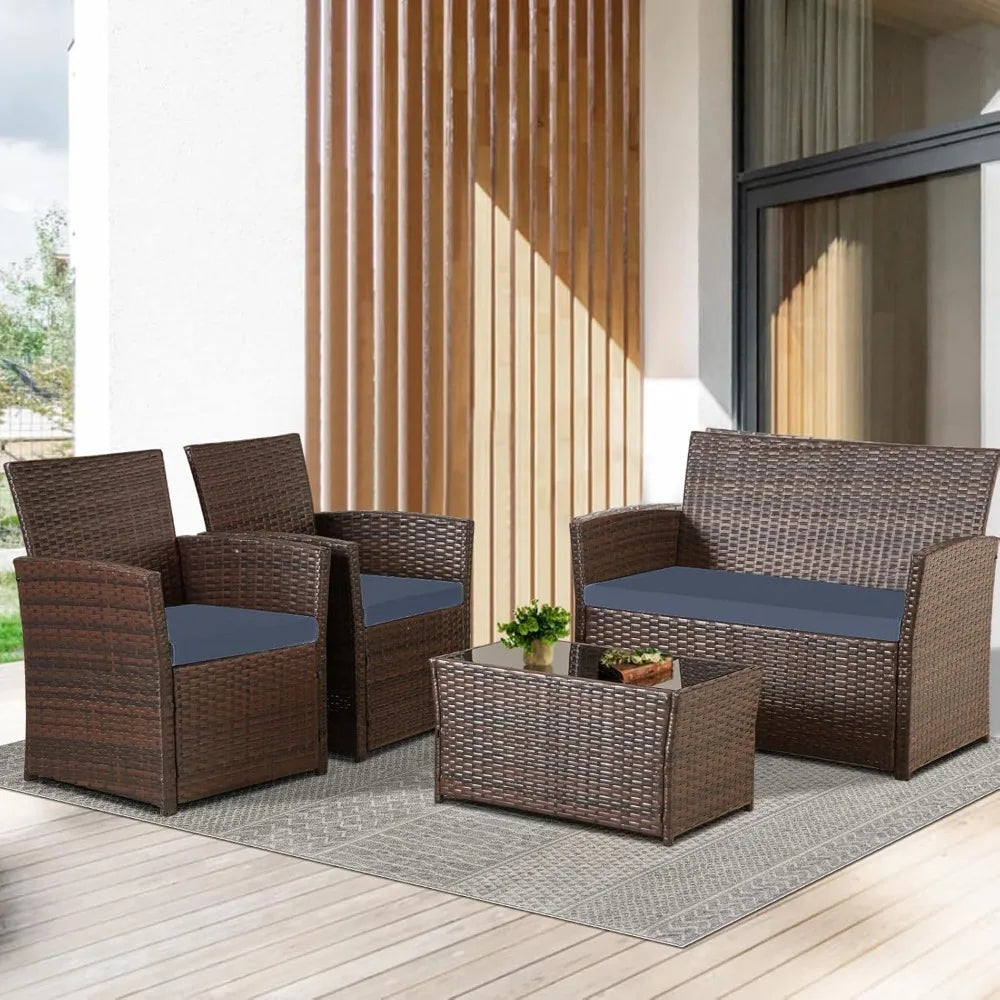4 Piece Outdoor Patio Sectional Set Rattan Wicker Table And Chairs Loveseat