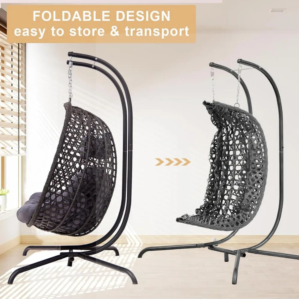 Double Hanging Swing Egg Chair with Stand, Hexagon Wicker Hammock Swing Chair for Outdoor Garden Patio, 2 Person Egg Chair with