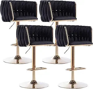 360 Degree Velvet Swivel Bar Stools Set of 4 Adjustable Counter Height Bar Chairs with Woven Back and Footrest Luxury Gold Bar Stools