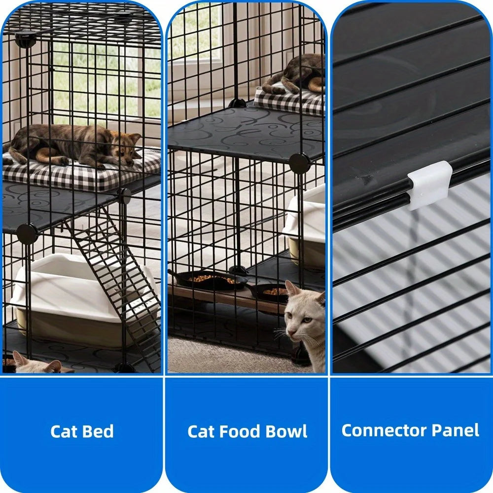 28 Inch Cat Cage 2 Tier Indoor Enclosure DIY Playpen For 1 To 2 Cats Black