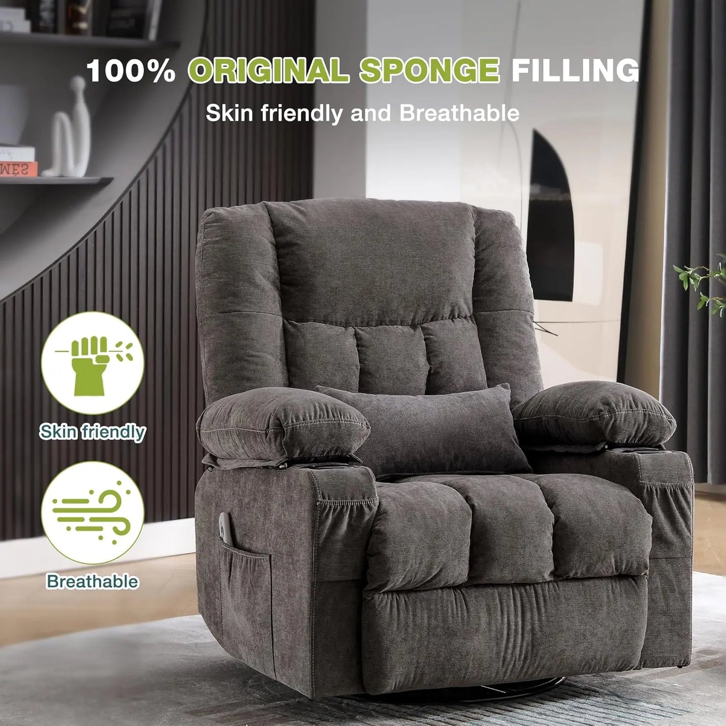 Massage Swivel Recliner Chair Oversized Rocker Recliner with Vibration Massage and Lumbar Heat Ergonomic Rocker Chair for Living Room with Side Pocket Two Cup Holders USB Charge Port