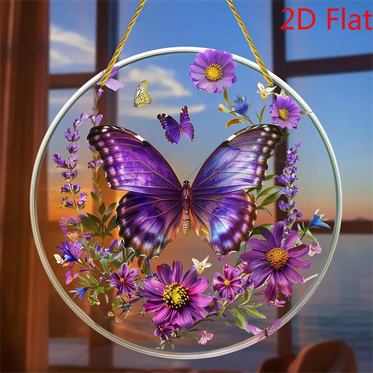 2D Purple Butterfly Suncatcher Stained Glass Window Hanging