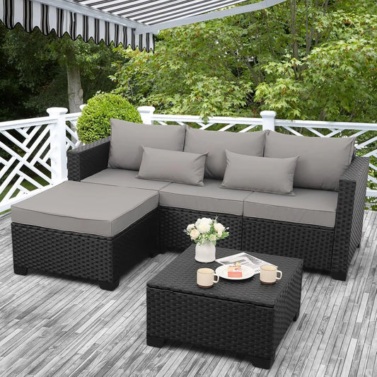 3 Piece Patio Furniture Set Outdoor Sectional Wicker Ottoman