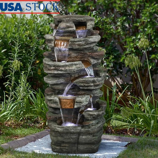 7 Tier Outdoor Garden Water Fountain with LED Light Resin Waterfall Decor for Patio Yard Porch and Backyard Relaxing Sound