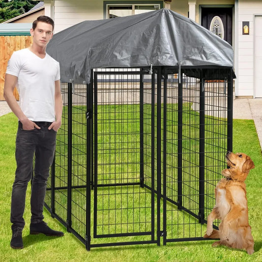 Large Outdoor Dog Kennel with Roof and UV Protection Waterproof Cover, Welded Wire Heavy Duty 8' x 4' x 6'/