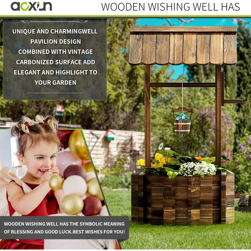 Outdoor Wooden Wishing Well Planter With Hanging Bucket