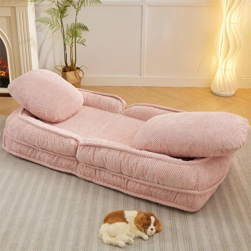 Foldable Tatami Lazy Sofa Couch Bed with 5 Adjustable Positions Space Saving Design Human Dog Bed with Cushion Back Easy Assembly for Apartment Living Room Bedroom Pink