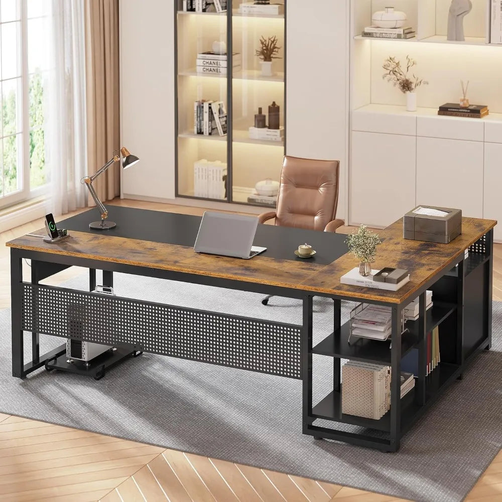 71 Inch Executive L Shaped Desk With Power Outlets Storage