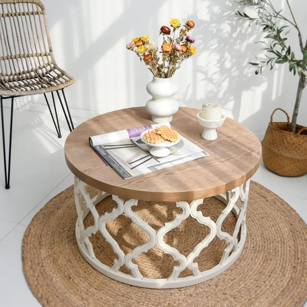 Rustic Farmhouse Coffee Table Distressed Wood Top Table with Curved Motif Frame Base for Boho French Country Decor