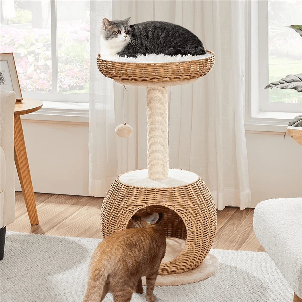 29.5 Inch Tall Rattan Cat House with Soft Cushion and Natural Sisal Scratching Post in Beige