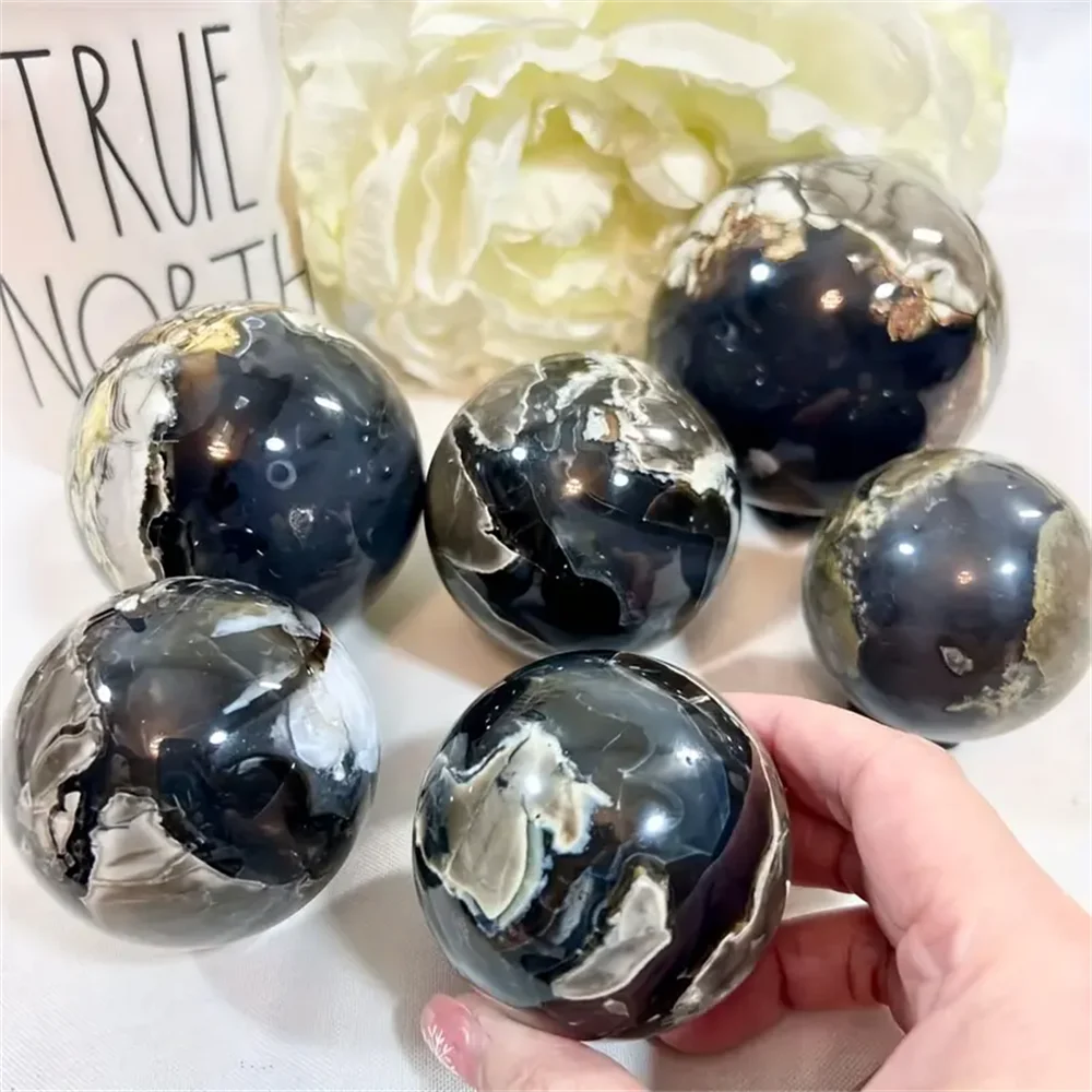 Natural Volcanic Agate Moon Crystal Ball UV Reactive Fluorescence Bohemian Green Brown Marbled Gemstone