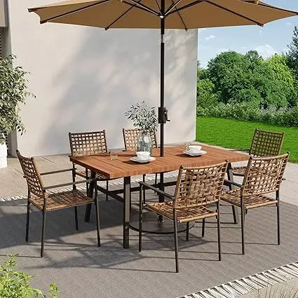 Outdoor Patio Dining Set 7 Pieces Rattan Dining Table and Chairs with Metal Table and Umbrella Hole Modern Patio Furniture