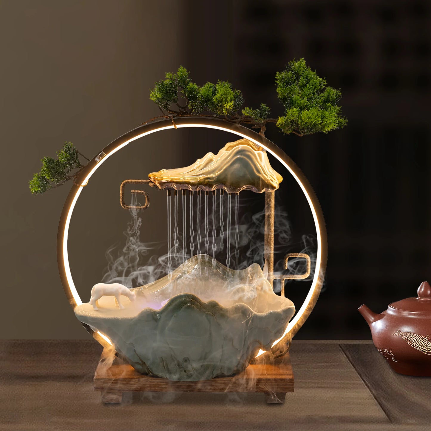Backflow Incense Holder with Water Fountains and LED Light, Rockery, Horse and Plants Perfect for Relaxing or Home Decor