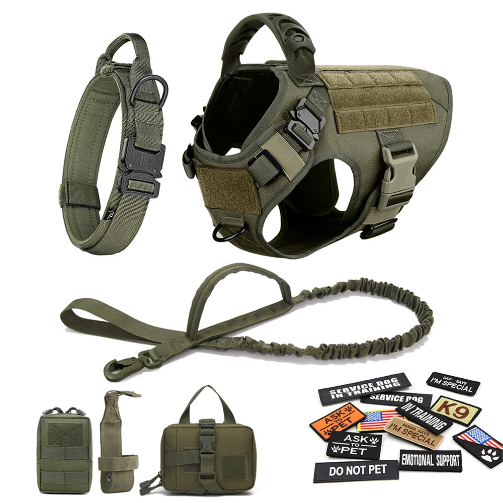 Military Large Dog Harness with Collar Leash Bags and Patches Set for Pet Malinois Training Vests Tactical Dog Accessories