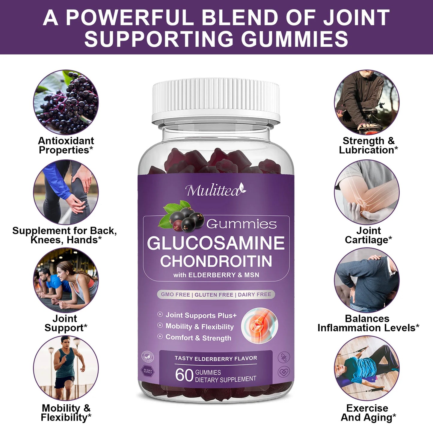 Mulittea Glucosamine 1500 Milligram Chondroitin Gummies Joint Support Antioxidant Immune Support Supplement for Adults