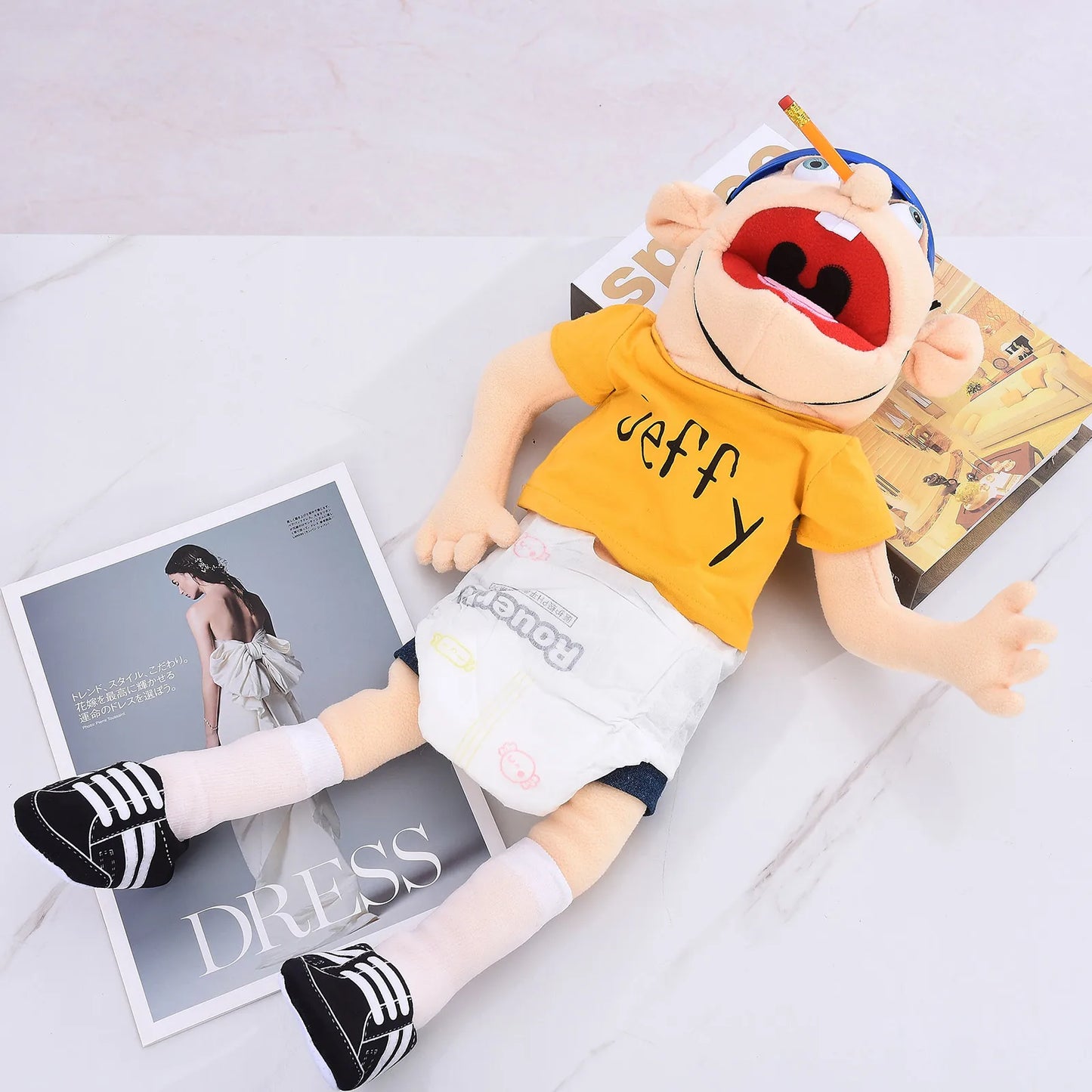 Funny Cartoon Open Mouth Boy Stuffed Plush Hand Puppet for Kids Gift Home Decor