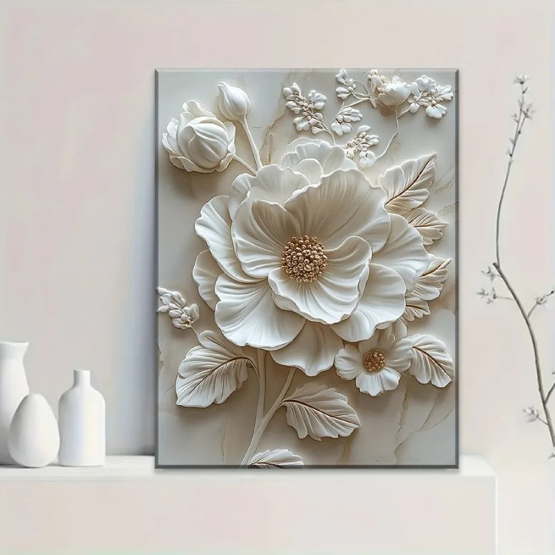 White Flower Pattern Wood Frame Canvas Murals Wall Mounted Decoration for Living Room