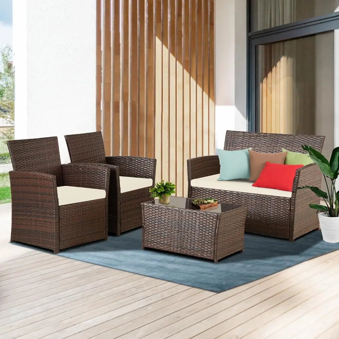 4 Piece Outdoor Patio Sectional Set Rattan Wicker Table And Chairs Loveseat