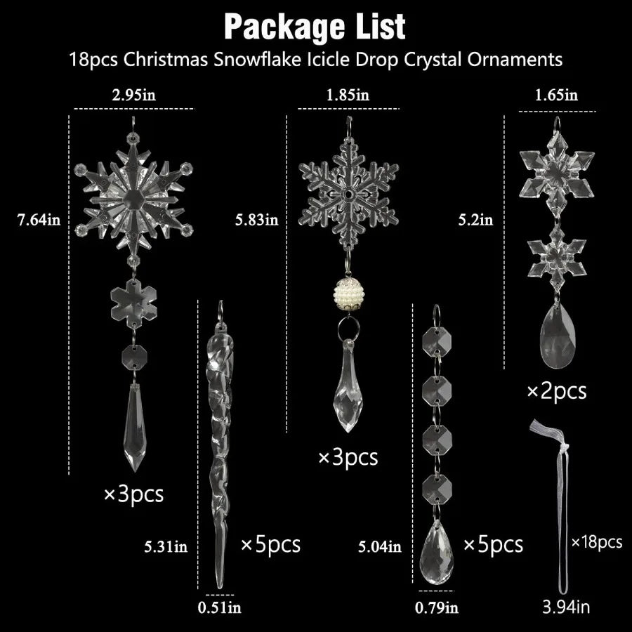 18Pcs Crystal Plastic Christmas Ornaments Set Icicles Snowflakes Beads Garlands