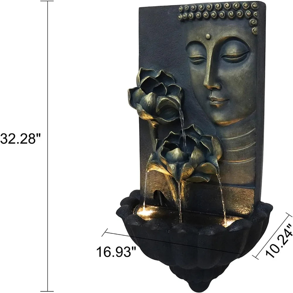 Tall Outdoor Zen Lotus Buddha Wall Fountain Black Resin