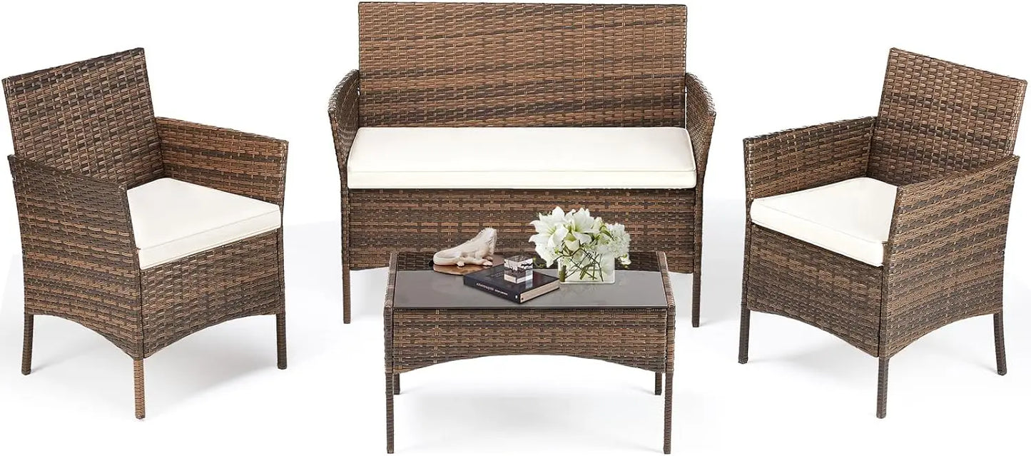 Patio Furniture Set 4 Pieces Outdoor Wicker Furniture with Coffee Table Modern Rattan Patio Chairs Conversation Set with Sofa