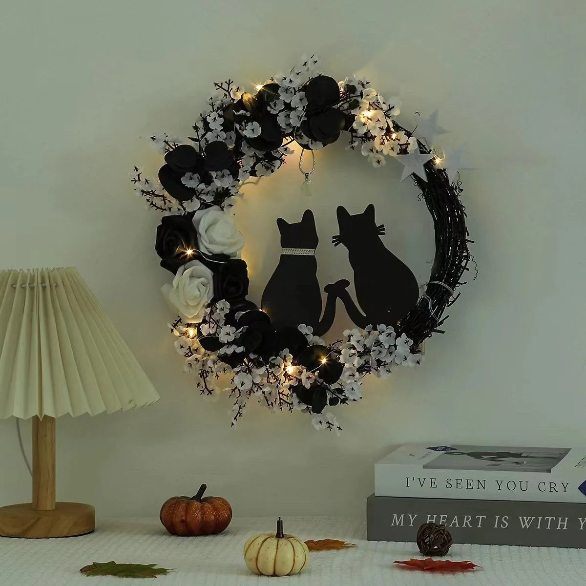 Black Cat Crescent Halloween Wreath Front Door Home Decor